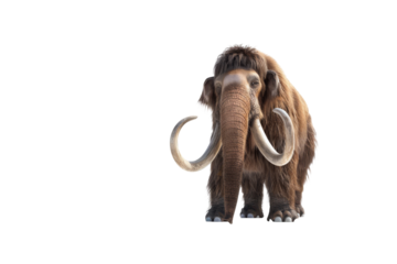 A realistic depiction of a woolly mammoth, isolated on a white background, showcasing its impressive tusks and thick, shaggy coat.