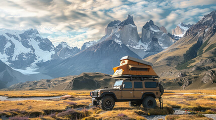 An SUV with a roof awning stands against the backdrop of a majestic mountain landscape. Off-road travel