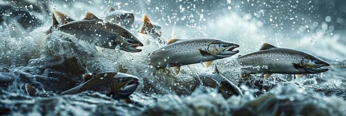 Spectacular salmon run  ultra wide angle photorealistic scene with strobe light effects - obrazy, fototapety, plakaty