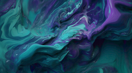 Ultraviolet Flow. Luminous shades of ultraviolet intertwining with jade green, flowing in perfect harmony across a liquid abstract canvas, captured with unparalleled high-definition precision. - obrazy, fototapety, plakaty