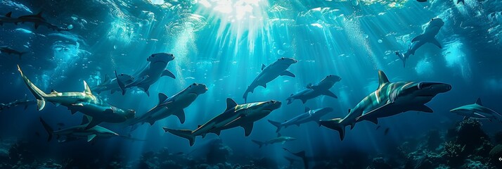 Graceful hammerhead sharks swimming in clear ocean waters  stunning low angle cinematic shot - obrazy, fototapety, plakaty
