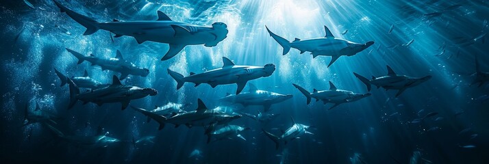 Graceful hammerhead sharks in clear ocean waters, cinematic shot of iconic deep sea creatures - obrazy, fototapety, plakaty