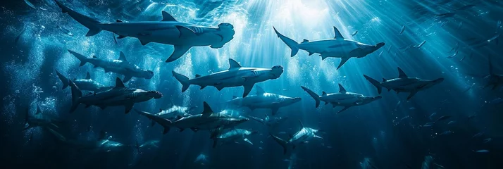 Foto op Canvas Graceful hammerhead sharks in clear ocean waters, cinematic shot of iconic deep sea creatures © RECARTFRAME CH