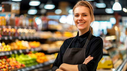 portrait of a smiling young woman working as a greengrocer in the fruit and vegetable section of a supermarket - fruit, vegetables and fresh produce concept