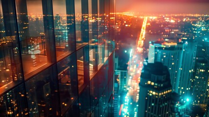 View from the window of an office skyscraper to the lights of a modern night city - obrazy, fototapety, plakaty