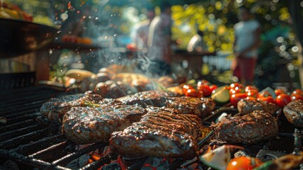 a barbecued feast of meat - obrazy, fototapety, plakaty