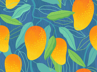 Bright tropical seamless pattern. Mango. Tropical exotic fruits and leaves on a blue background. Design for fabric, paper, print. 