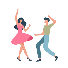 Happy dancing people, male and female dancers isolated on white background. Vector illustration in flat cartoon style.