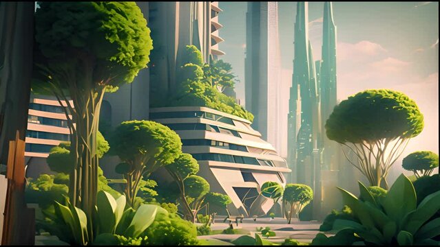 Futuristic cityscape eco green city skyscrapers downtown. Concept sci fi downtown with skyscraper. Futuristic cityscape. 