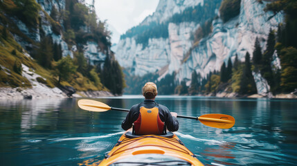 rear view of a man on a kayak floating on a serene mountain lake surrounded by steep cliffs and...