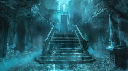 An illustration showing a haunted mansion's interior