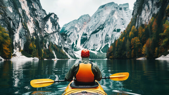 rear view of a man on a kayak floating on a serene mountain lake surrounded by steep cliffs and forest - Powered by Adobe