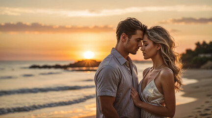 Man and woman in love on sunset background