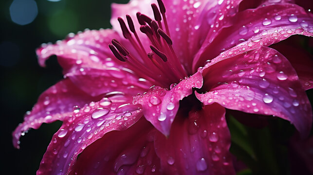 Macro shot of freshly rained-upon a fully bloomed of purple Lilly, spotlighting its extraordinary textures and vivid hues