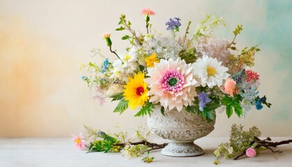 a whimsical spring floral background with a delicate arrangement of fresh flowers against a light pastel backdrop, creating a dreamy and enchanting scene with room for creative additions.