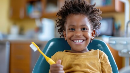 An image of a smiling child sitting in a dentist's chair, holding a toothbrush and eagerly waiting for their dental check