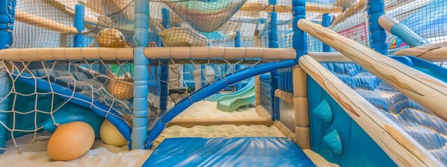 indoor play room for children. amusement jungle web park,  activity maze, adventure labyrinth, playground for kids. blue, fun, playful