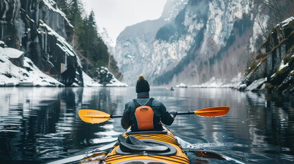 rear view of a man paddling a kayak in winter on a mountain lake surrounded by snow-covered rocks - obrazy, fototapety, plakaty