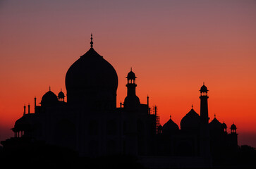 Fototapeta na wymiar Taj Mahal during Sunset, Silhouette, Colorful sky, Agra, Uttar Pradesh, India.
