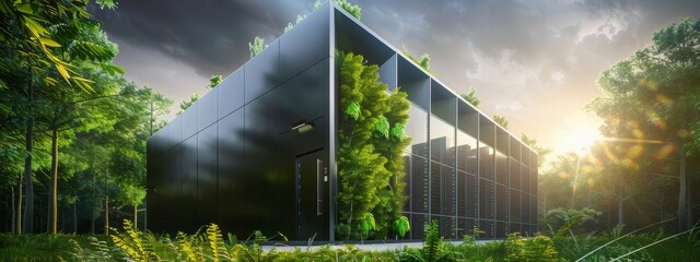 A large-scale data center fueled by sustainable energy sources, showcasing the integration of technology and environmental stewardship.