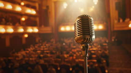 Retro style microphone set against a blurred background of theater goers, setting the stage for an awaiting performance