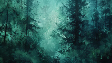 Whispers of a forgotten forest, painted with hues of emerald and jade. - obrazy, fototapety, plakaty
