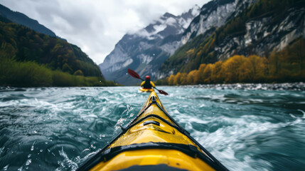 rear view of a man floating in a kayak on a fast, stormy mountain river - obrazy, fototapety, plakaty