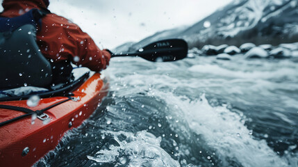 extreme kayaker floats down a fast, stormy mountain river in winter, close-up - obrazy, fototapety, plakaty