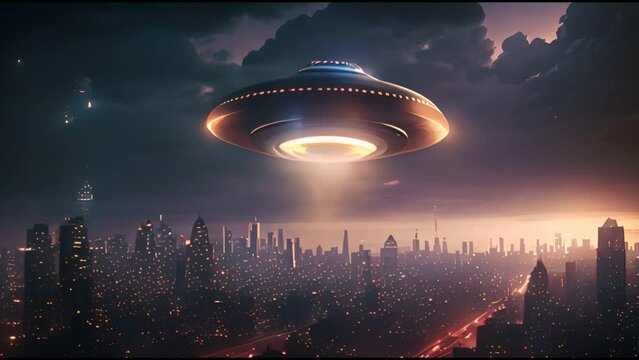 An alien saucer hovering over the city. UFO, alien invasion, unidentified flying object, visitors from space. 