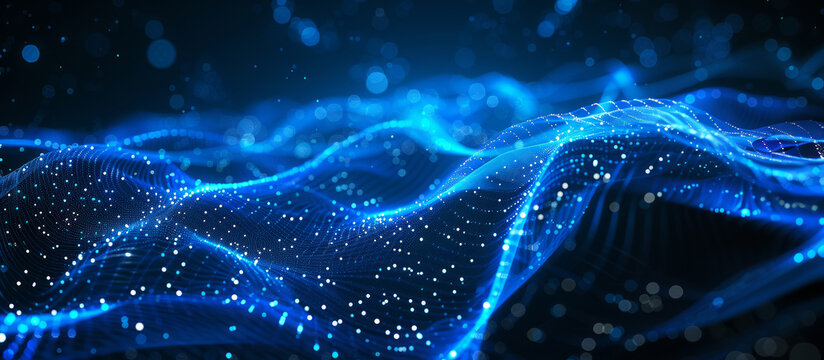 Onda di punti e linee di intreccio. Sfondo blu astratto per il design sul tema del cyberspazio, dei big data, del metaverso, della sicurezza di rete, del trasferimento di dati su sfondo blu scuro