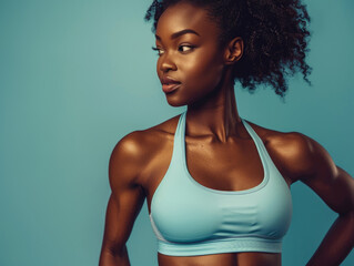 Modella di fitness femminile afroamericana in top blu chiaro e muscoli addominali ben definiti, sfondo tono su tono, azzurro,  sport