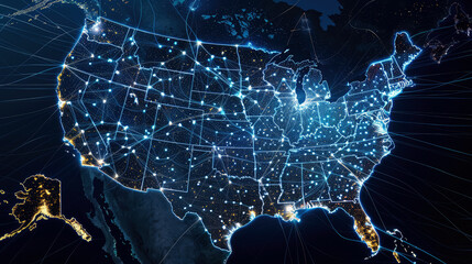 illuminated digital map of the United States of America showing the dynamic network of connections and data flow