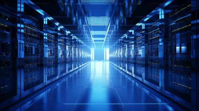 Server racks in computer network security server room data center d render dark blue