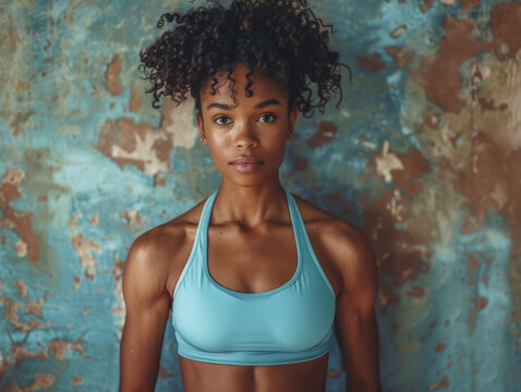 Modella di fitness femminile afroamericana in top blu chiaro e muscoli addominali ben definiti, sfondo tono su tono, azzurro,  sport