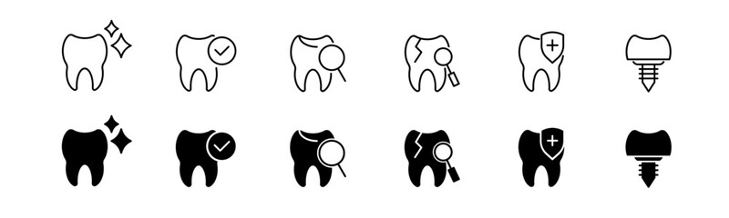 Tooth icon set. Line and glyph dentist symbol. Teeth care icon