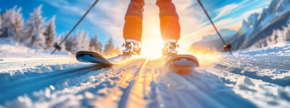 mountain skiing downhill, close up of skier on skis, concept of winter outdoor sport activities Olympic sports, active holiday vacations