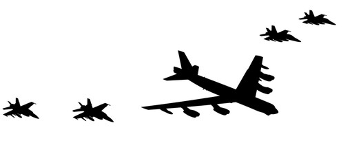 A silhouette of an American B 52 intercontinental strategic bomber. U.S. Army warplanes flying in a row. Military exercises of aviation. - obrazy, fototapety, plakaty