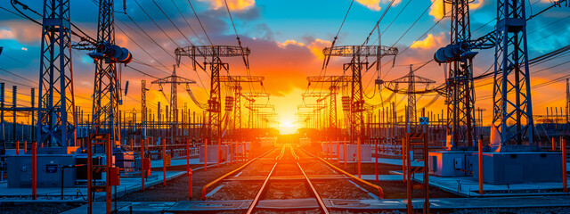 Sunset over power lines, silhouette of electricity towers against vibrant sky
