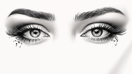 black and white illustration of a pair of eyes with long lashes.