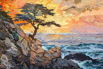 a mosaic of a tree on a rock by the ocean