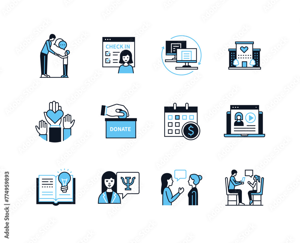 Poster orphanage and support - line design style icons set with editable stroke. donation and charity, shar