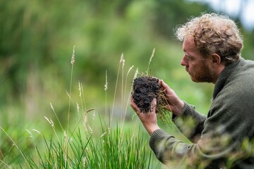 farmer collecting soil samples in a test tube in a field. Agronomist checking soil carbon and plant health on a farm