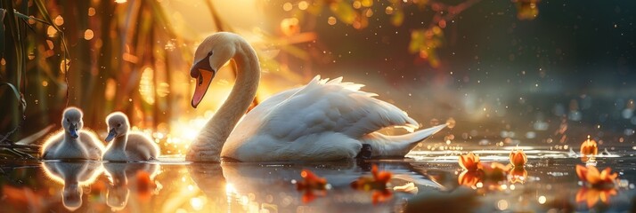 Tranquil pond  serene swan family with proud parents and cygnets in photorealistic wide angle photo - obrazy, fototapety, plakaty