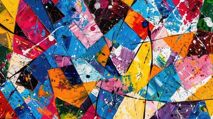  Abstract multicolored geometric doodles painting on canvas. Irregular splashes of ink, round, rectangle, triangle paint spots.