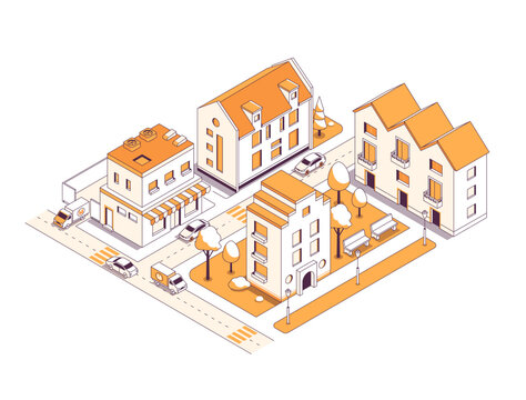 Residential area of the city - vector isometric illustration. A cozy street in a small town with houses, shops and busy traffic. Top view, structure and architecture. Real estate and modern building