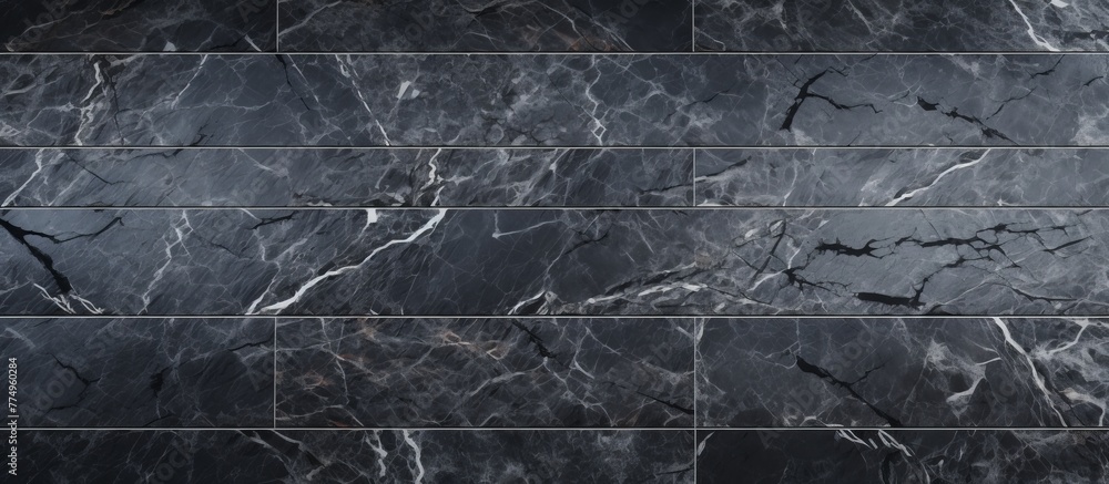 Poster close-up view of a sleek black marble tile featuring a prominent line of intersecting lines for a mo