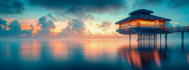 Sunset at tropical beach, luxury summer vacation with ocean and resort view - obrazy, fototapety, plakaty