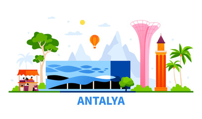 Turkey Attractions - modern colored vector illustration with Antalya Aquarium, congress center building, mountains, spice and paprika market, ancient tower, street, nature and summer vacation idea