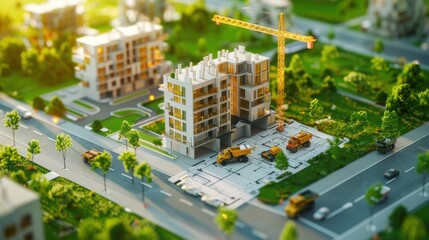 Showcase a birdâ€™s-eye view of a construction site mock-up with detailed blueprints and 3D...