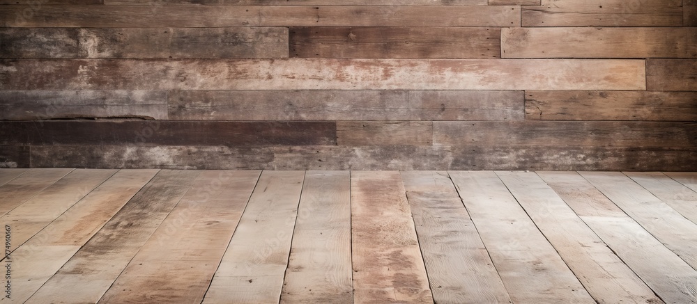 Poster wooden floor boards in a close-up shot are visible with a blurred background of a wall, creating a r